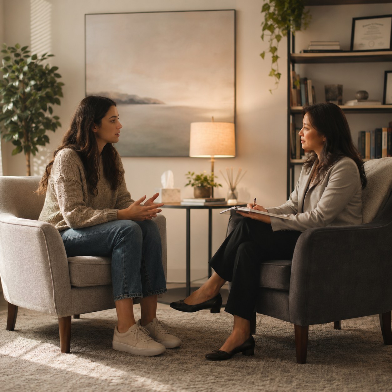A client speaking openly with her therapist in a warmly lit private office