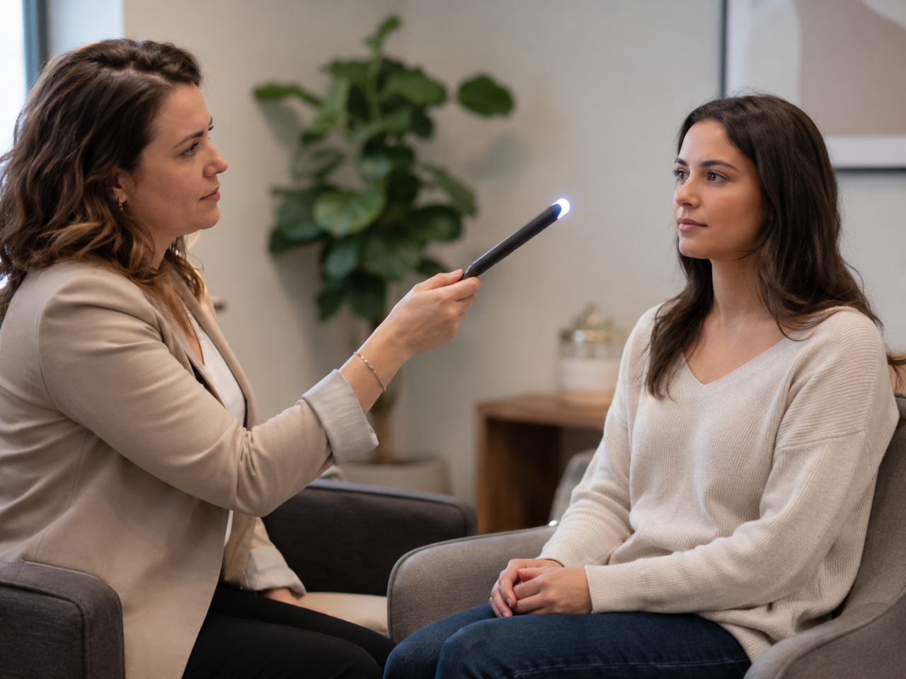 Therapist guiding a client through bilateral stimulation during an EMDR session