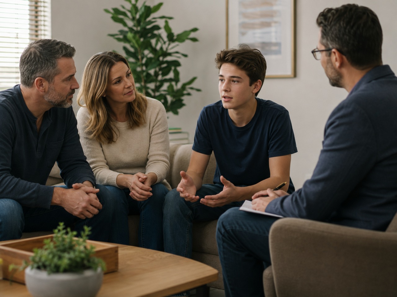 Parents and their teenage son talking with a family therapist
