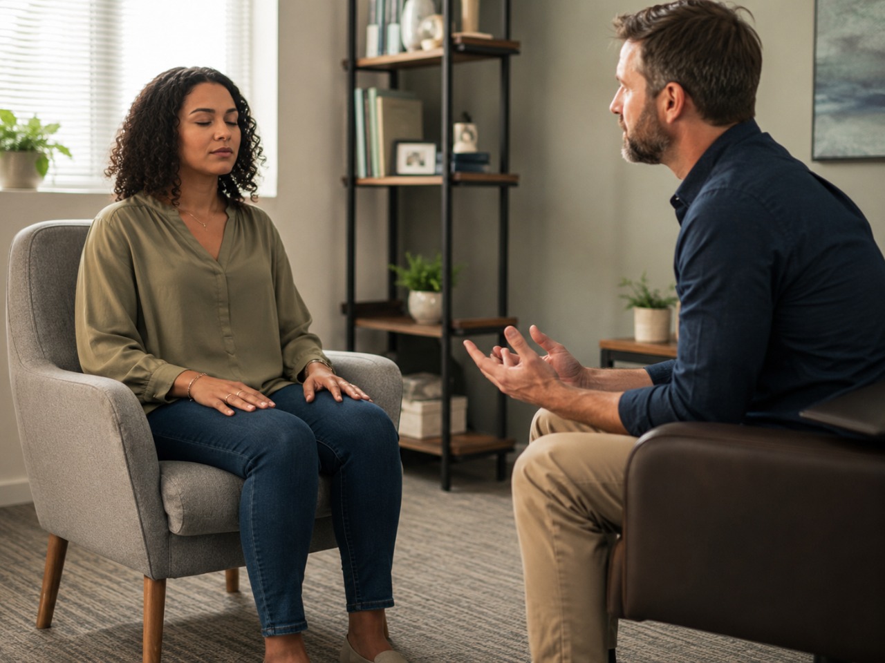 Client speaking openly with a therapist about identity and mood concerns