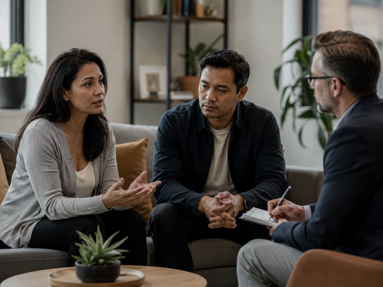 A couple speaking with a therapist about ongoing conflict in their relationship