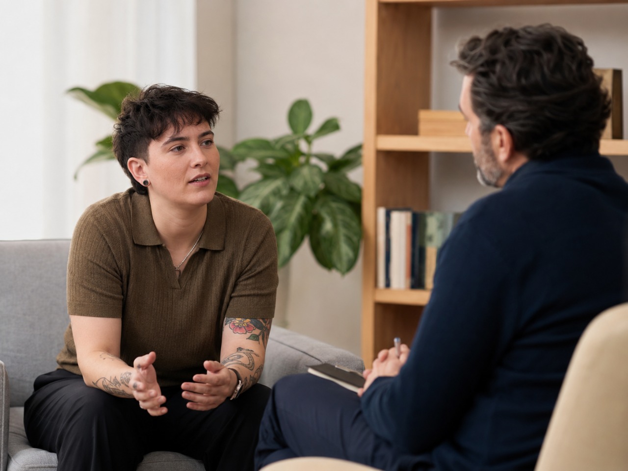 Client in conversation with a therapist while working toward personal goals