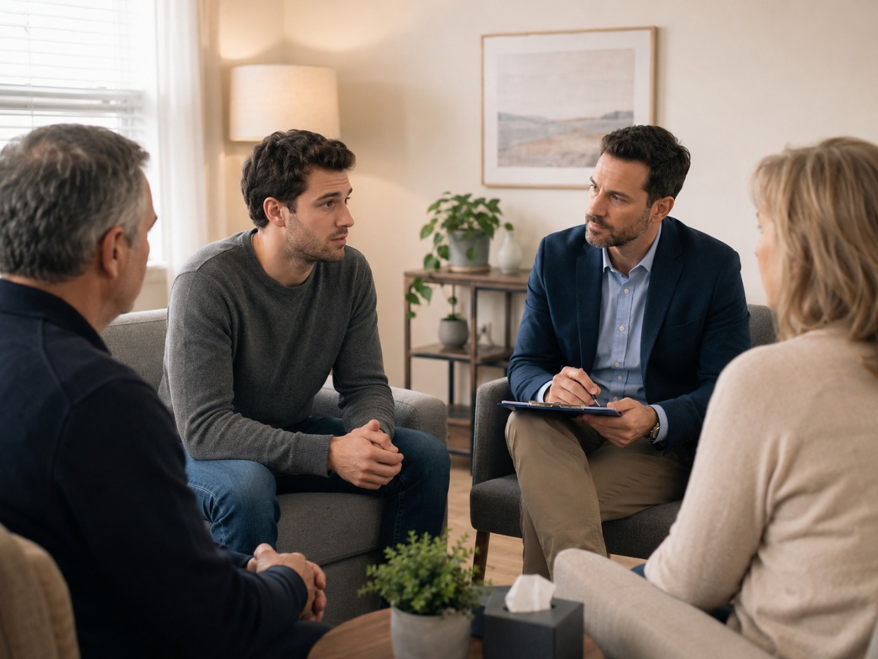 Therapist meeting with a new client and their family at the River Edge, NJ office